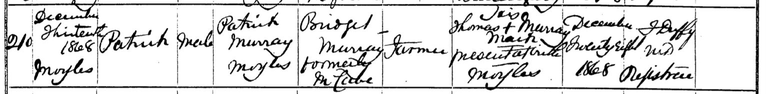 1868 12 13 Patrick Murray birth from Irish Genealogy 04 07 18