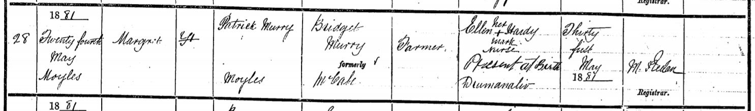 1881 05 24 BC Margaret Murray d of P & Bridget McCabe from Irish Genealogy 27 07 18