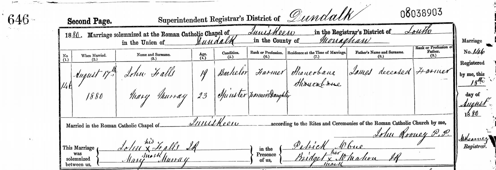 1880 08 17 MC Mary Murray & John Falls from Irish Genealogy 04 07 18